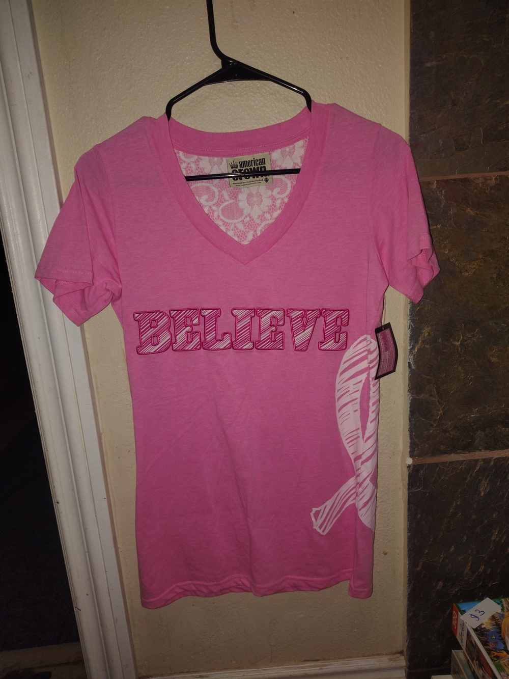 American Clothing Co. Pink 'Believe' V-Neck Short Sleeve Tee